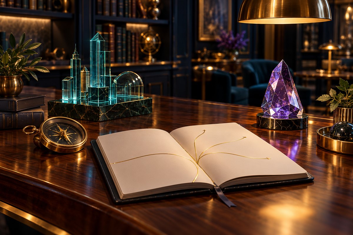 A notebook, brass compass and glass models in a warm library bar